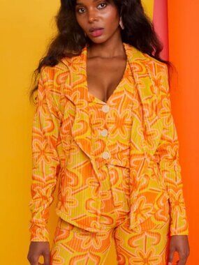 Dazey LA Sunny Chevy Graphic Print Wavy Ribbed Corduroy Velvet Suit Jacket S